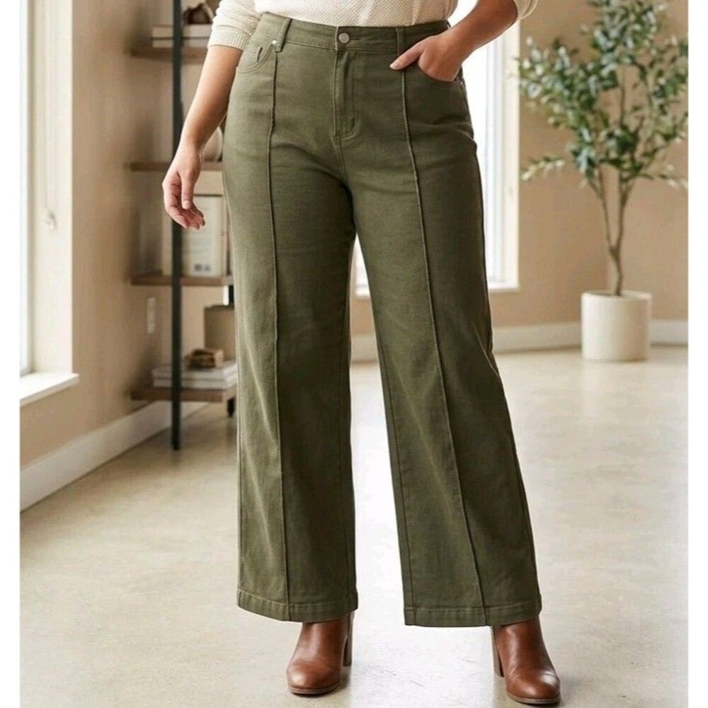 Entro High Rise Wide Leg Utility Pants Womens Olive Green Size L Pleated Front